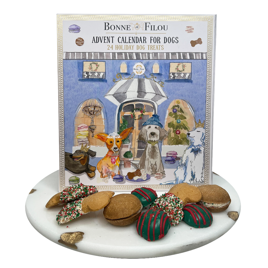 The Bonne et Filou dog Advent calendar, 24 holiday dog treats, with handmade treats in front of the box