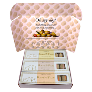 Dog macaron combo with creme brulee, strawberry, and pumpkin flavors – gourmet treats for dogs