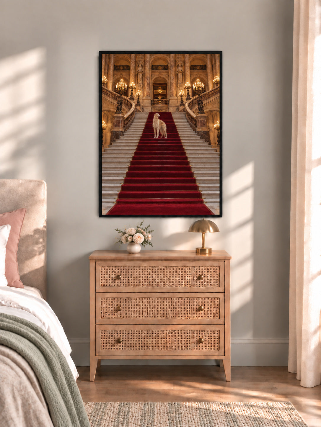 L'Escalier d'Honneur hung in a room, in a Noir frame