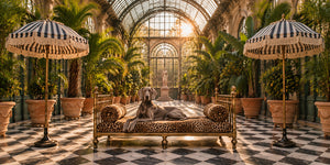 L'Orangerie: a 19th century glasshouse with a brass daybed at the center of a checkerboard marble floor