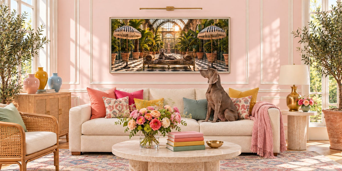 A wide framed L'Orangerie canvas hung above a sofa in a sunlit living room
