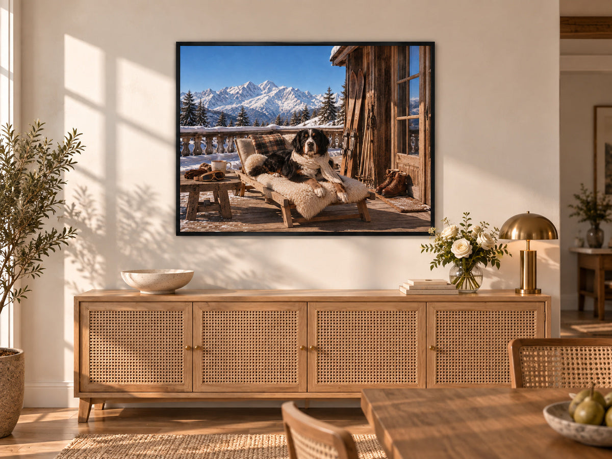 Le Chalet hung in a room, in a Noir frame