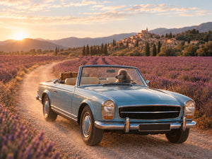 La Lavande: a powder blue convertible on a dirt track through lavender fields in Provence, with a dog at the wheel