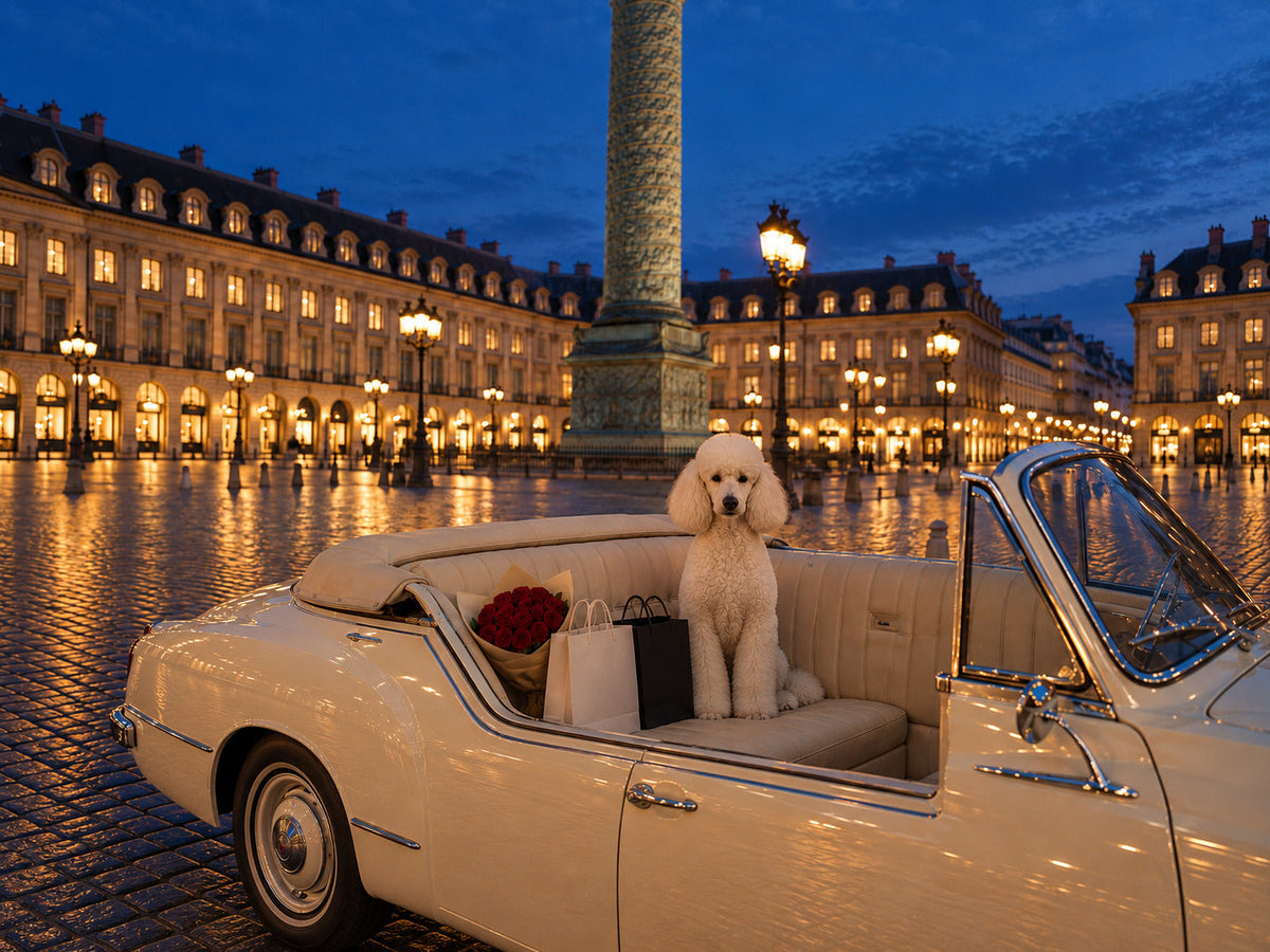 La Place, custom dog portrait canvas: a dog in the back seat of a cream convertible on a wet Paris square at blue hour