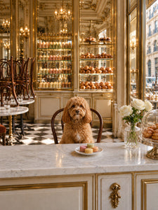 La Pâtisserie: a Paris pastry shop seen from behind the curved glass counter, with a dog as the proprietor