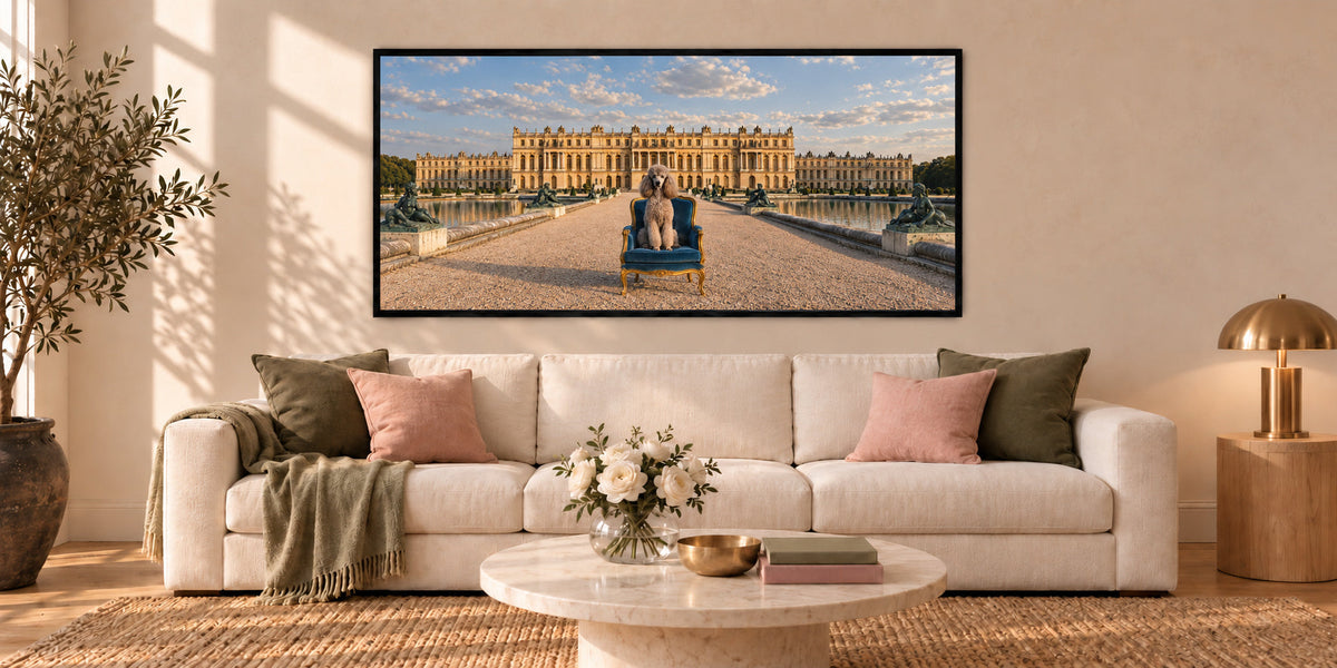 Les Jardins hung in a room, in a Noir frame