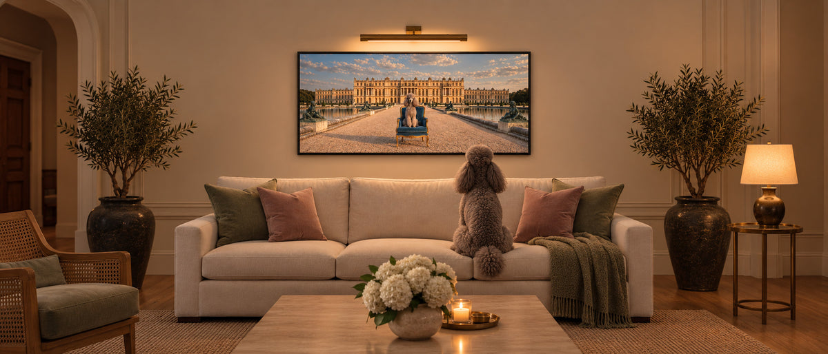 A wide framed canvas of a dog seated in the formal gardens of a grand palace, hung above a cream sofa in a warmly lit living room