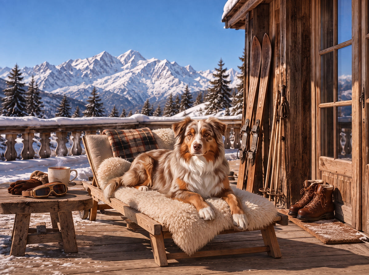 Australian Shepherd custom dog portrait in the Le Chalet scene, L'Atelier by Bonne et Filou