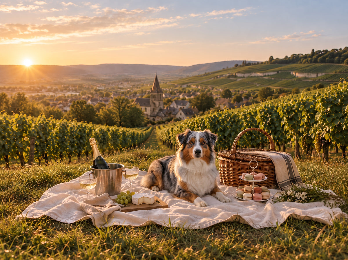 Australian Shepherd custom dog portrait in the Les Vignes scene, L'Atelier by Bonne et Filou
