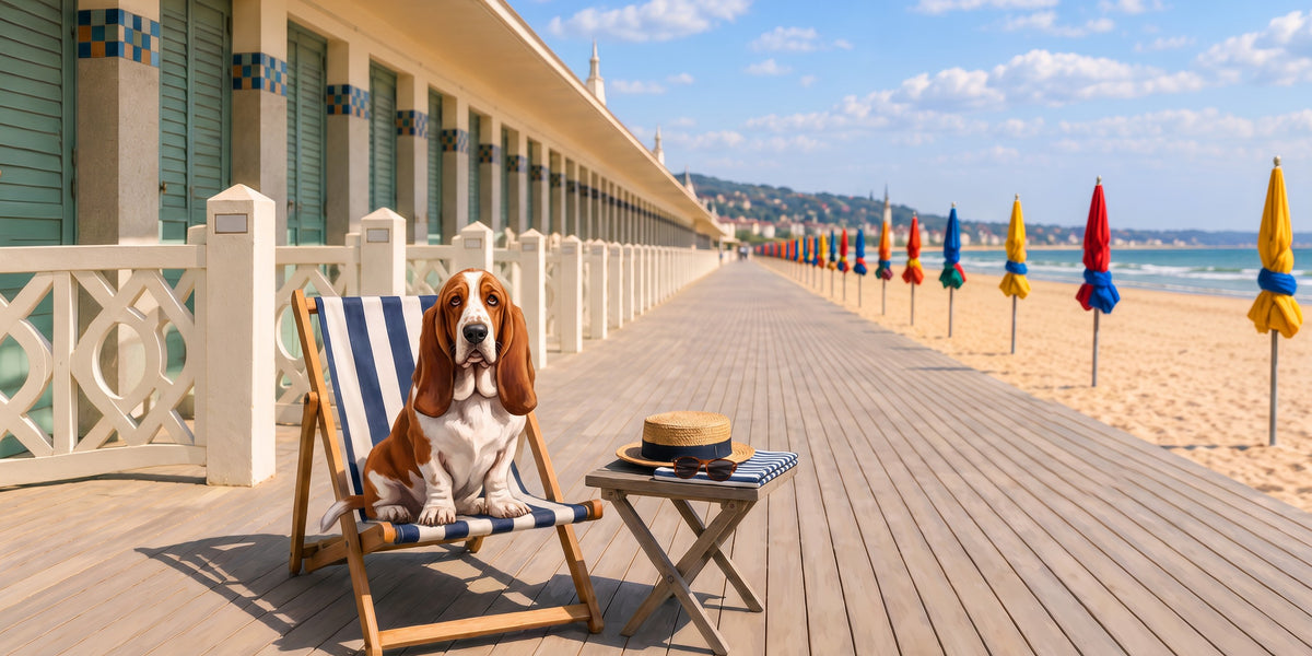 Basset Hound custom dog portrait in the Les Cabines scene, L'Atelier by Bonne et Filou