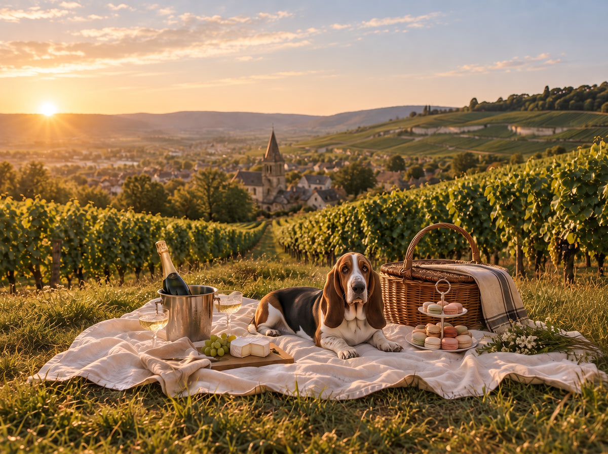 Basset Hound custom dog portrait in the Les Vignes scene, L'Atelier by Bonne et Filou
