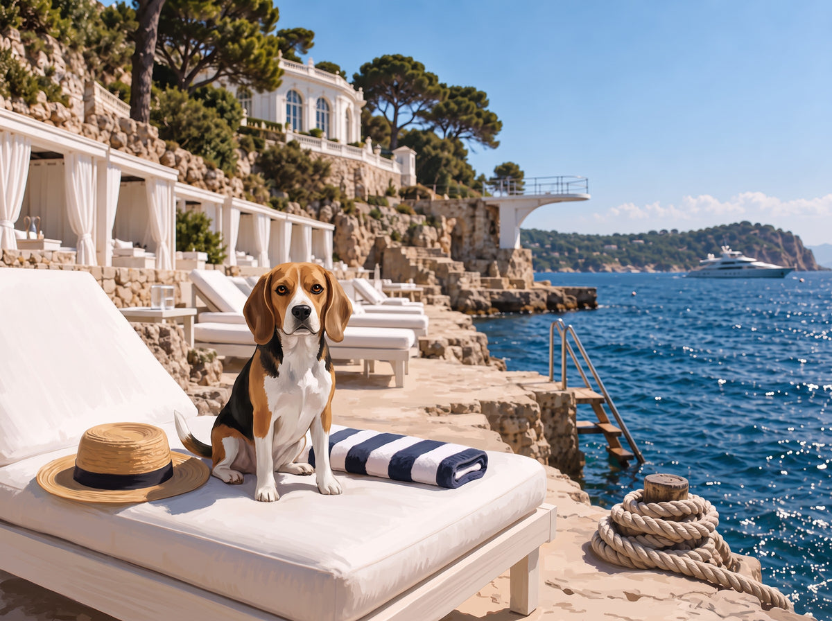Beagle custom dog portrait in the La Cabane scene, L'Atelier by Bonne et Filou