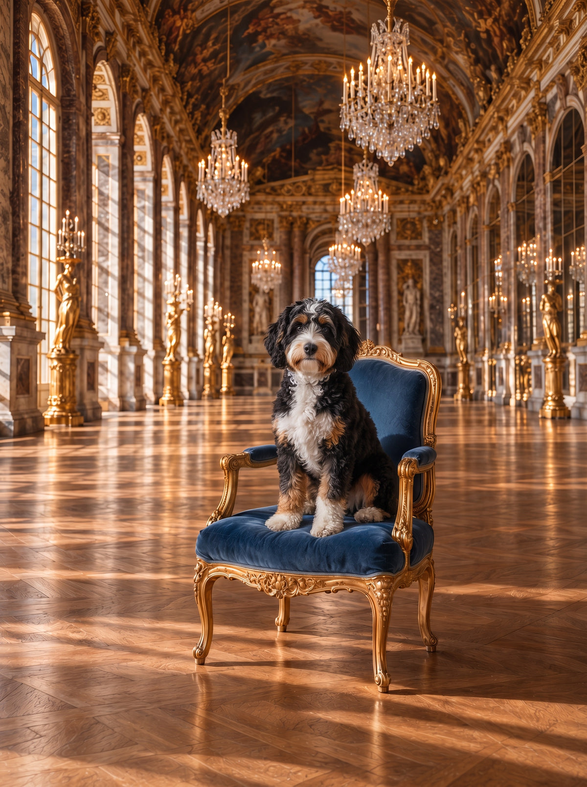 Bernedoodle custom dog portrait in the La Galerie scene, L'Atelier by Bonne et Filou