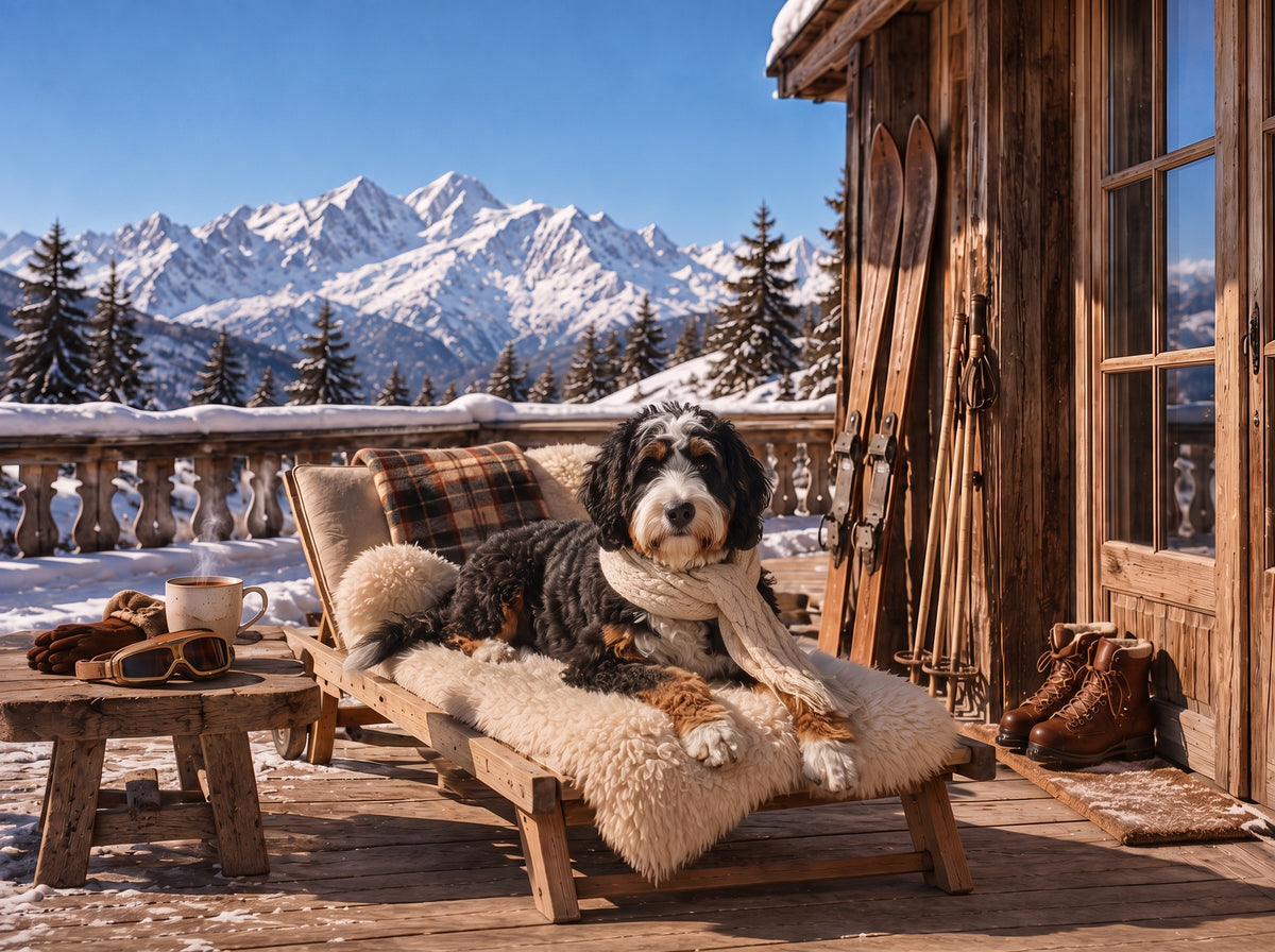 Bernedoodle custom dog portrait in the Le Chalet scene, L'Atelier by Bonne et Filou