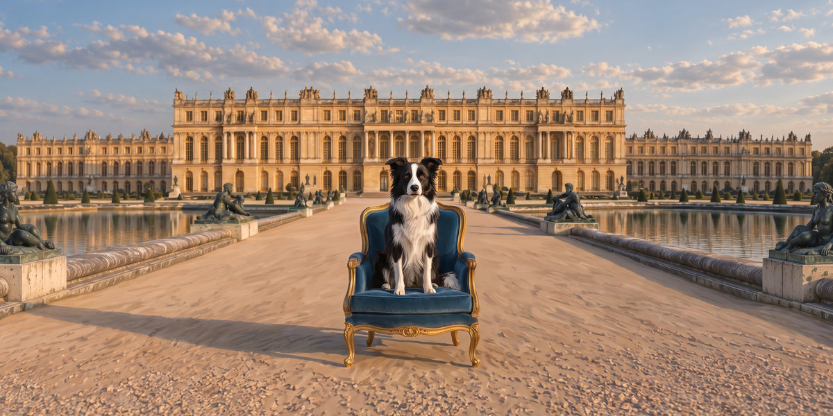 Border Collie custom dog portrait in the Les Jardins scene, L'Atelier by Bonne et Filou