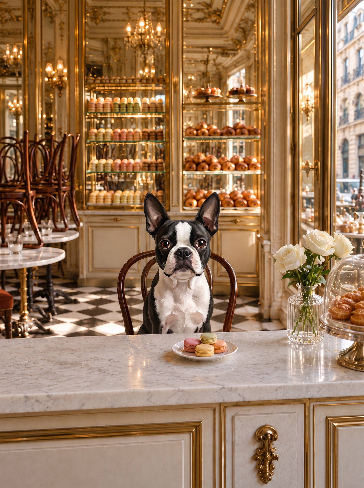 Boston Terrier custom dog portrait in the La Pâtisserie scene, L'Atelier by Bonne et Filou