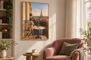 Le Balcon hung in a room