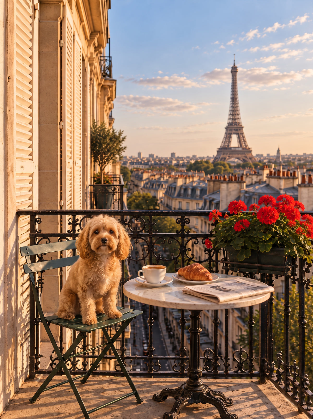 Cavapoo custom dog portrait in the Le Balcon scene, L'Atelier by Bonne et Filou