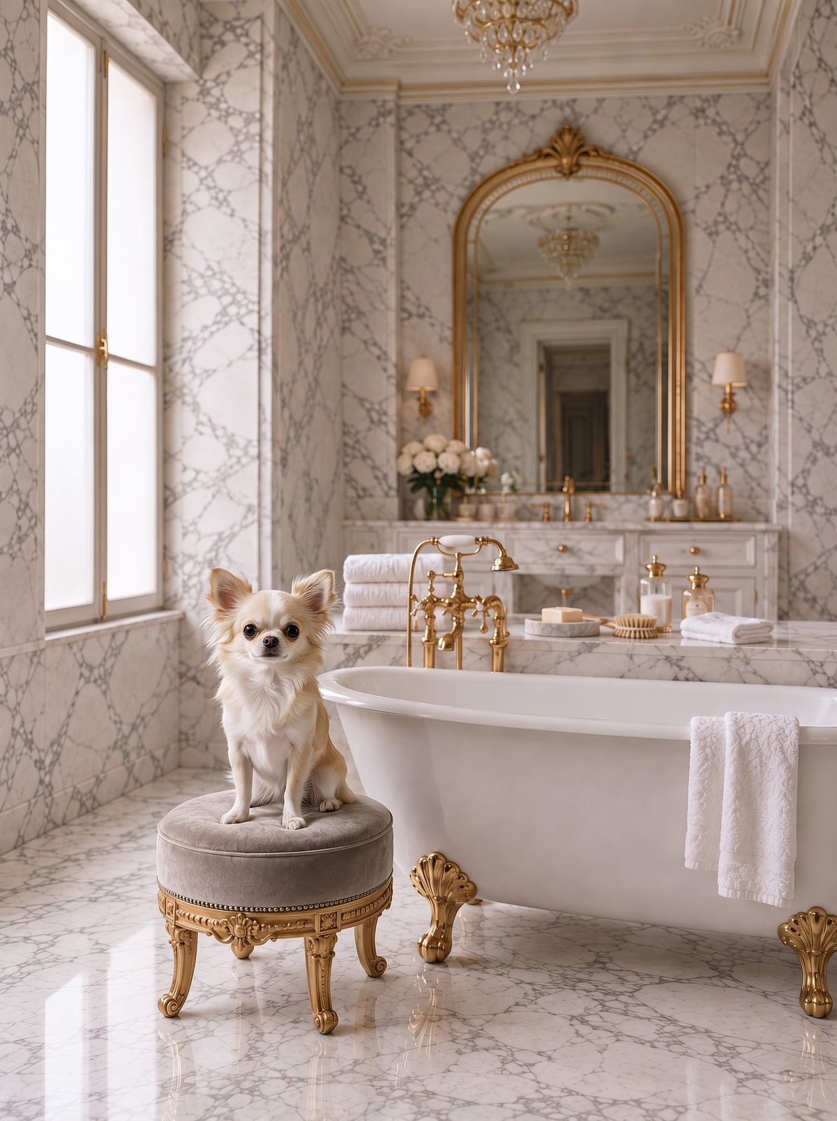 Chihuahua custom dog portrait in the Les Bains scene, L'Atelier by Bonne et Filou