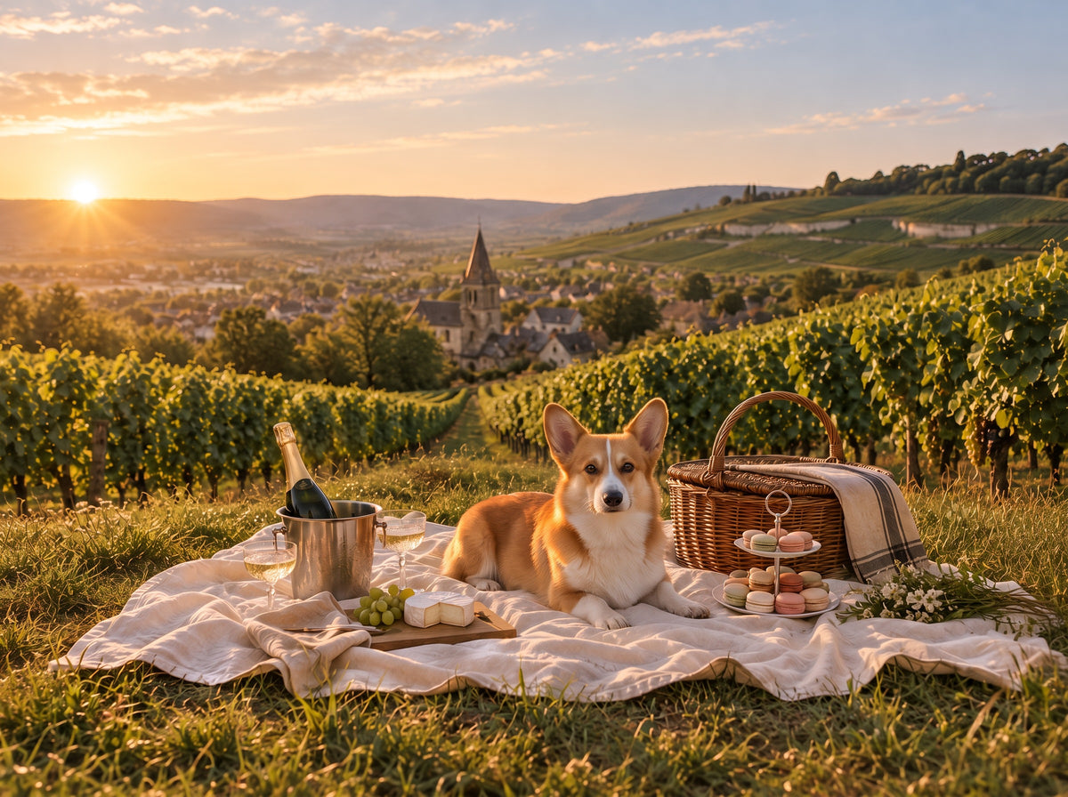 Corgi custom dog portrait in the Les Vignes scene, L'Atelier by Bonne et Filou