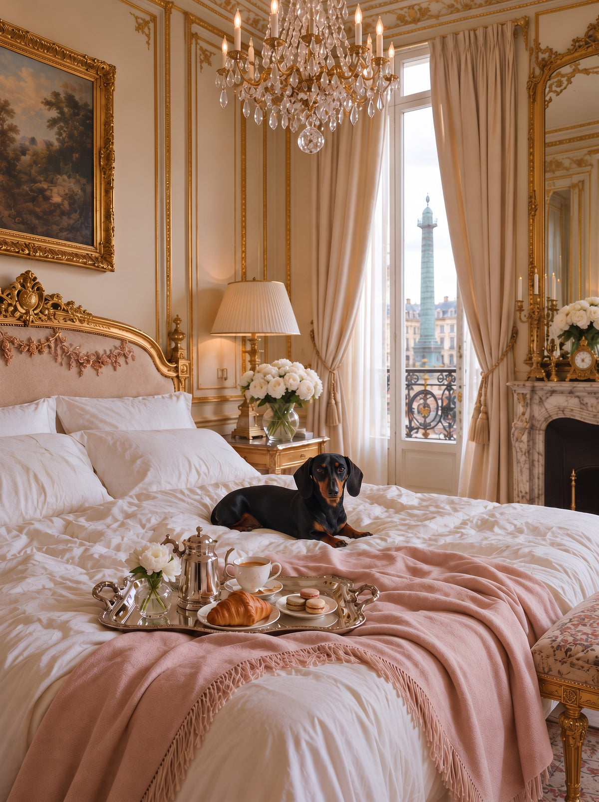 Dachshund custom dog portrait in the Le Petit Déjeuner scene, L'Atelier by Bonne et Filou