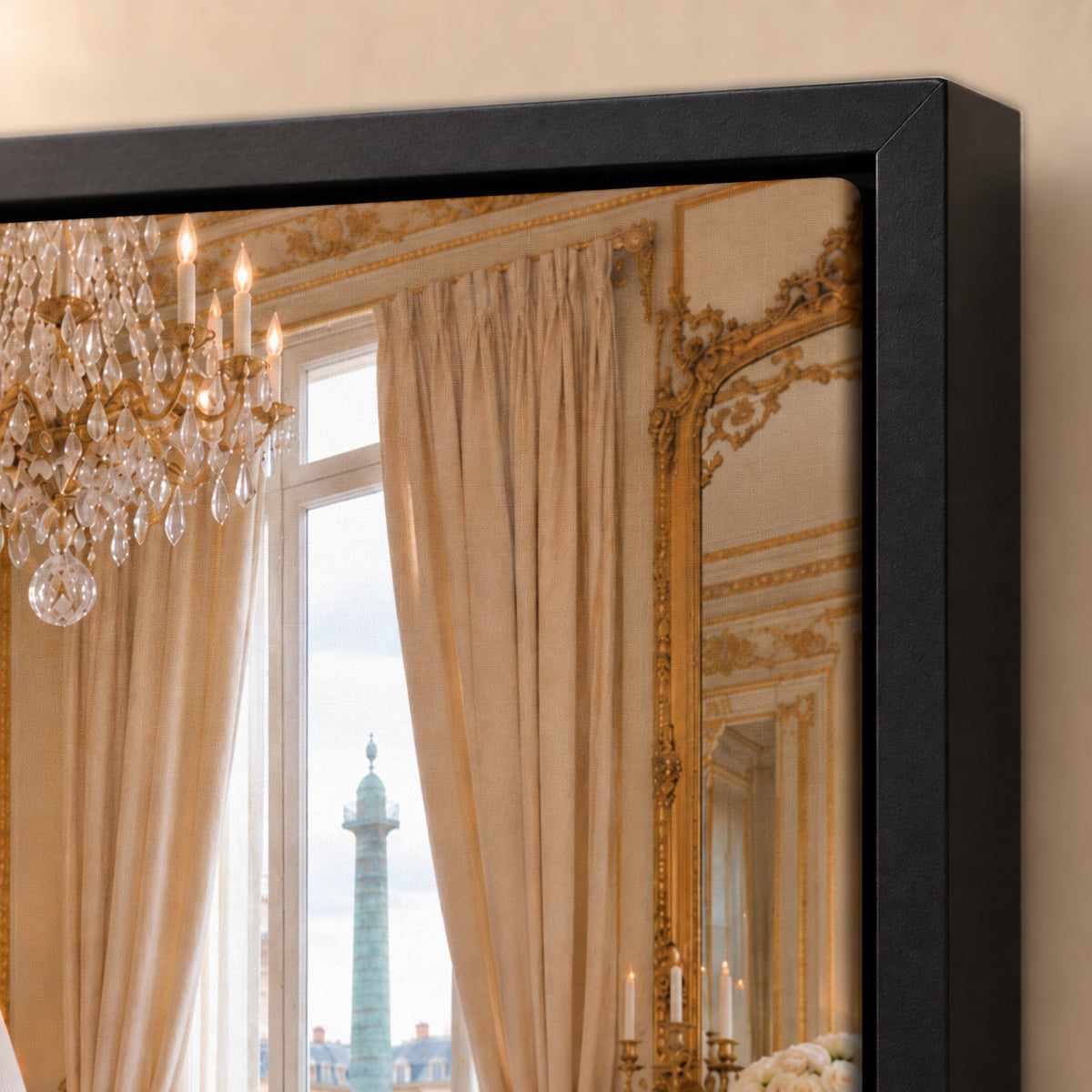 The corner of a framed canvas, showing the shadow gap between the frame and the canvas weave