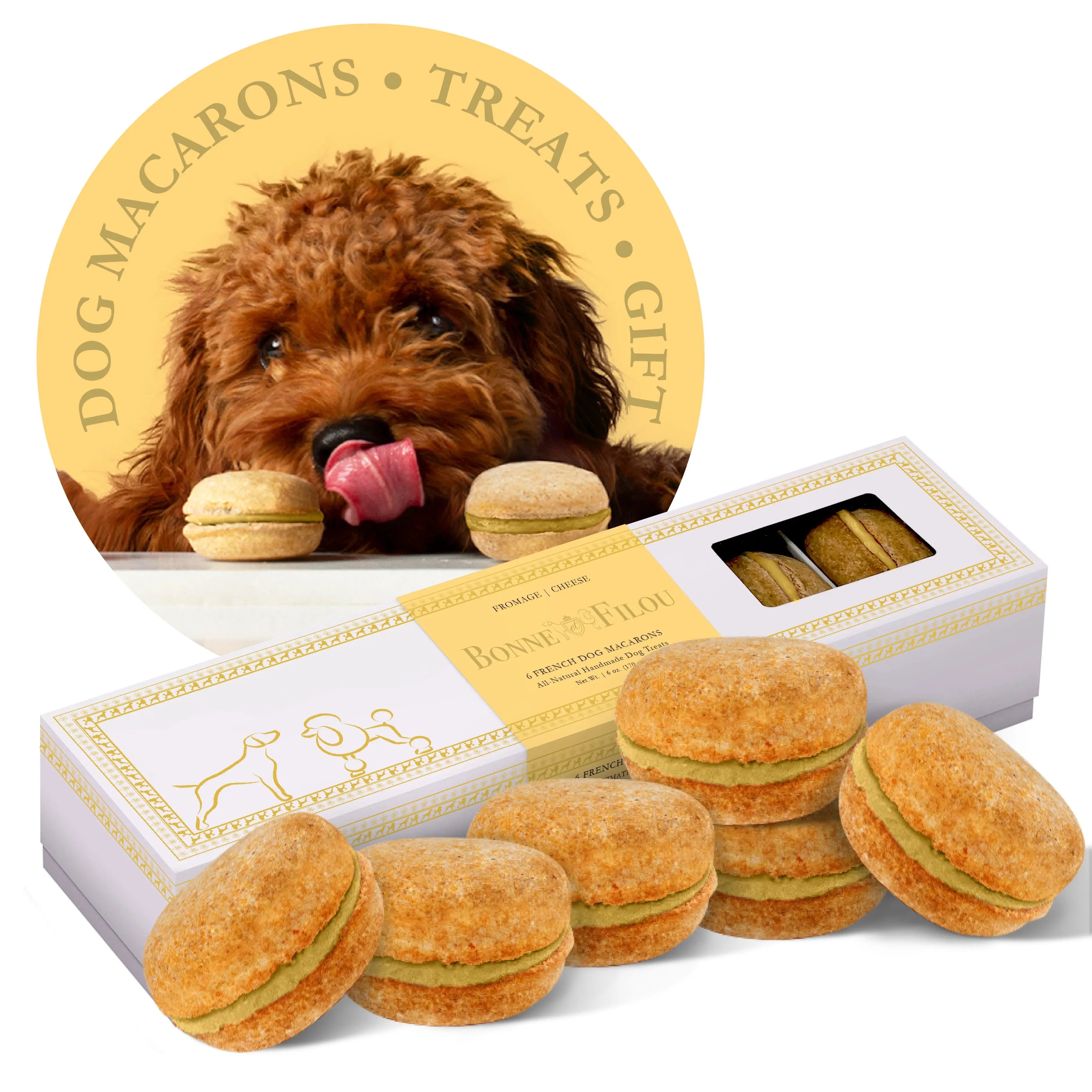Six-count cheese-flavored dog macarons for gourmet dog snacking.