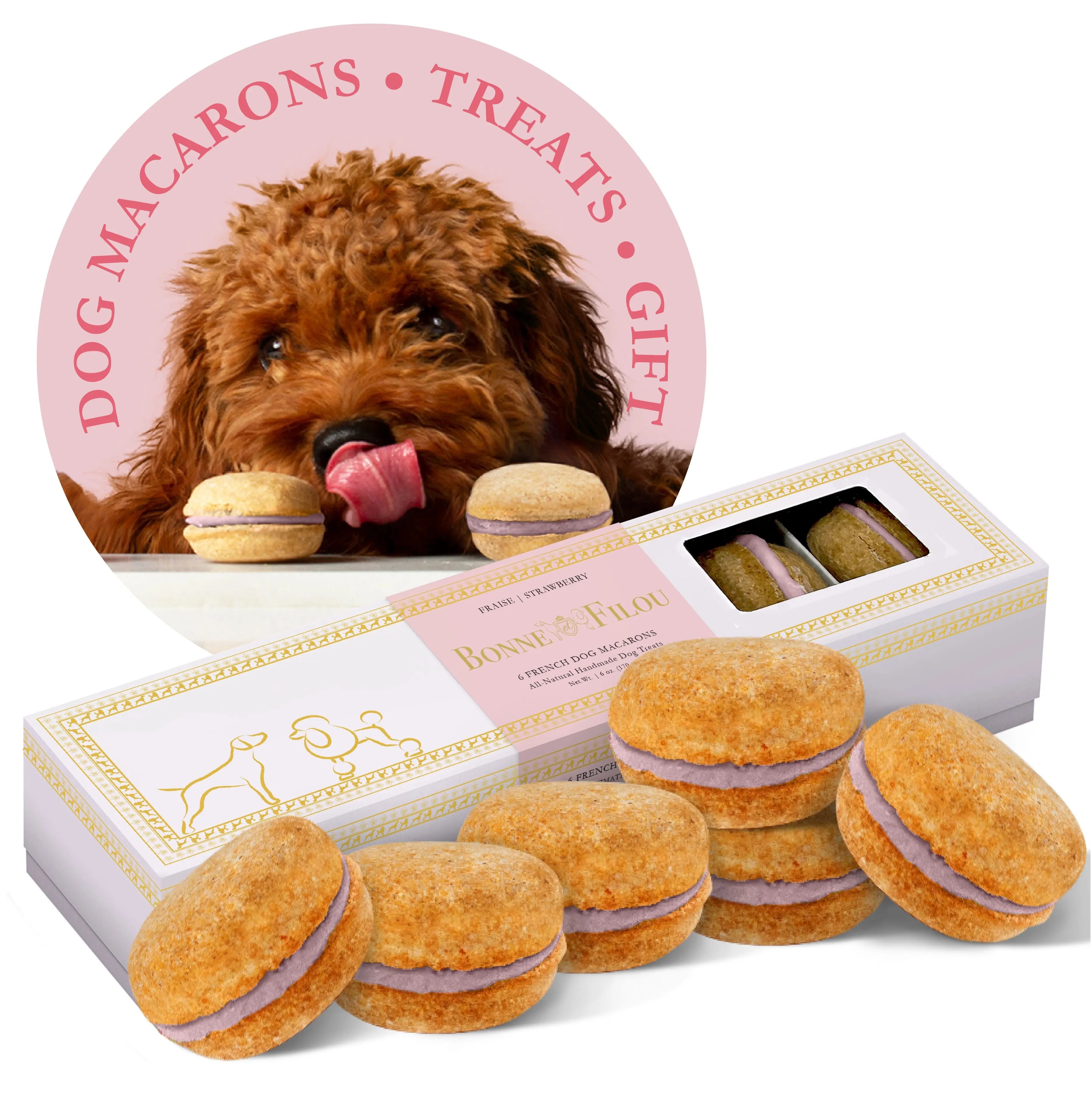 Six-count strawberry dog macarons in a gourmet treat box.