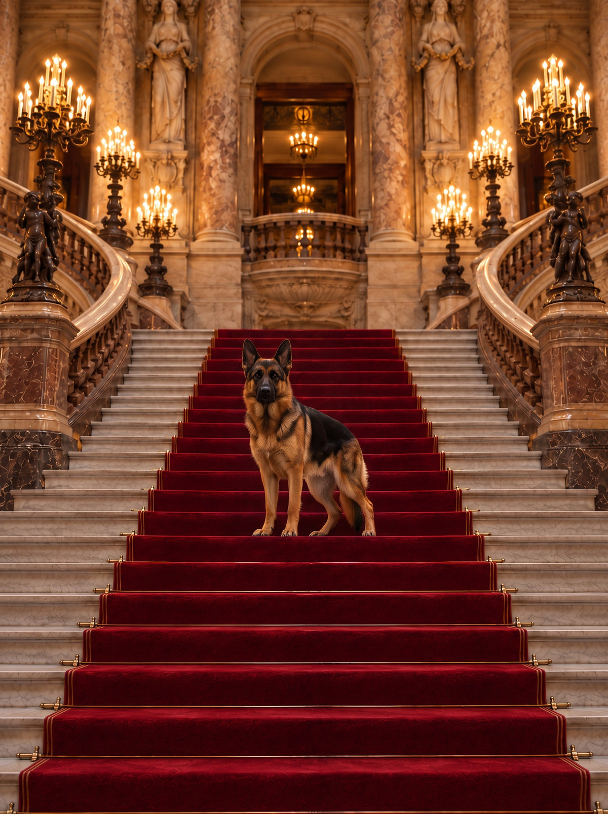 German Shepherd custom dog portrait in the L'Escalier d'Honneur scene, L'Atelier by Bonne et Filou