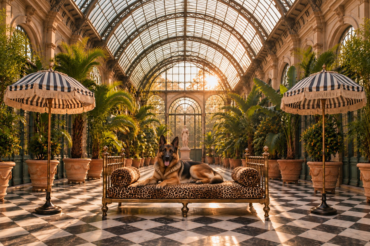 German Shepherd custom dog portrait in the L'Orangerie scene, L'Atelier by Bonne et Filou