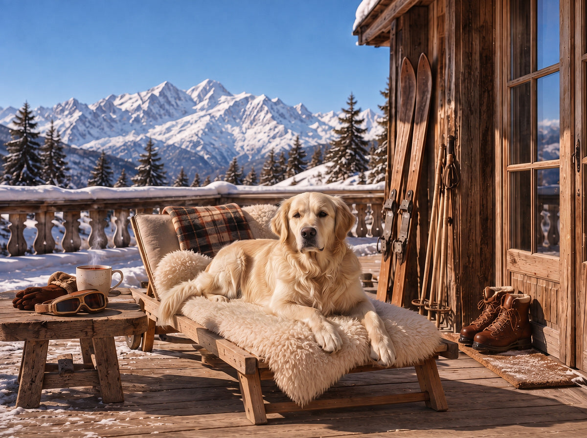 Golden Retriever custom dog portrait in the Le Chalet scene, L'Atelier by Bonne et Filou