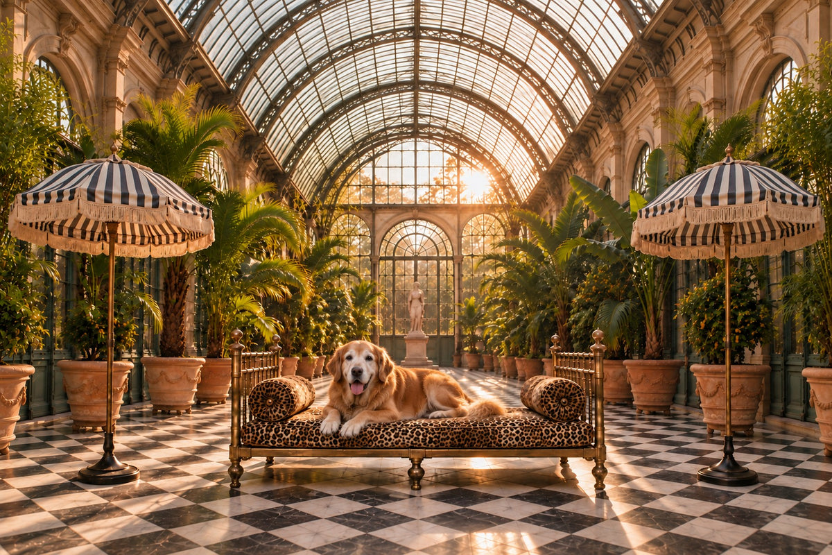 Golden Retriever custom dog portrait in the L'Orangerie scene, L'Atelier by Bonne et Filou