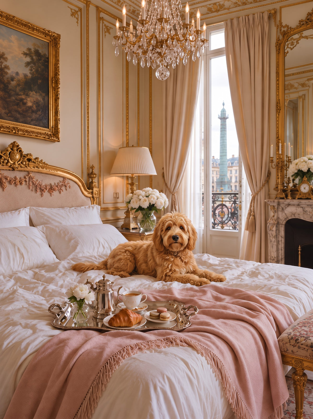 Goldendoodle custom dog portrait in the Le Petit Déjeuner scene, L'Atelier by Bonne et Filou