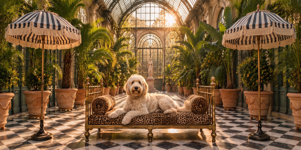 Goldendoodle custom dog portrait in the L'Orangerie scene, L'Atelier by Bonne et Filou