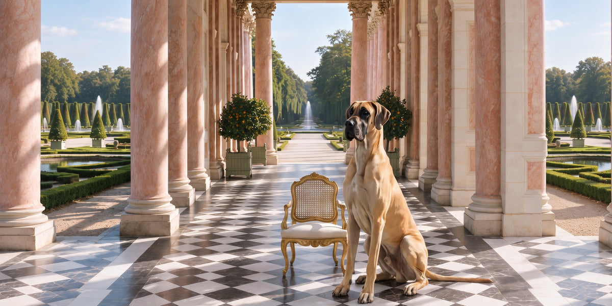 Great Dane custom dog portrait in the La Colonnade scene, L'Atelier by Bonne et Filou