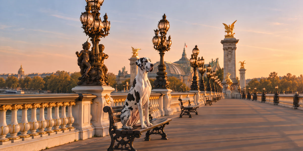 Great Dane custom dog portrait in the Le Pont Doré scene, L'Atelier by Bonne et Filou