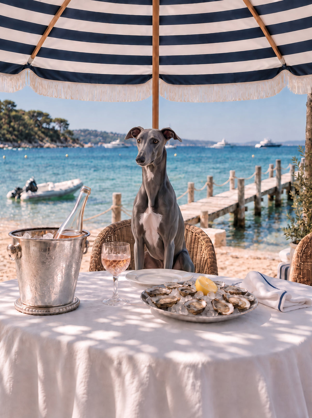 Greyhound custom dog portrait in the Le Déjeuner scene, L'Atelier by Bonne et Filou