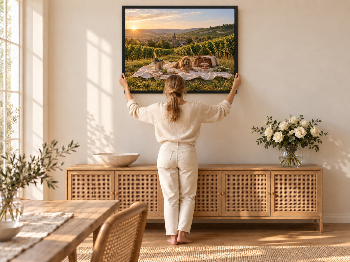 A woman seen from behind, holding a framed landscape canvas against the wall above a sideboard, working out where it should go