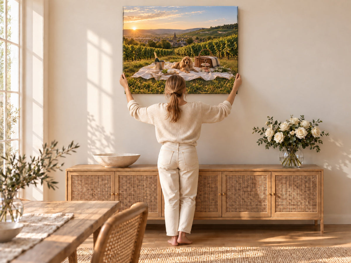 A woman seen from behind, holding a frameless canvas against the wall above a sideboard, working out where it should go