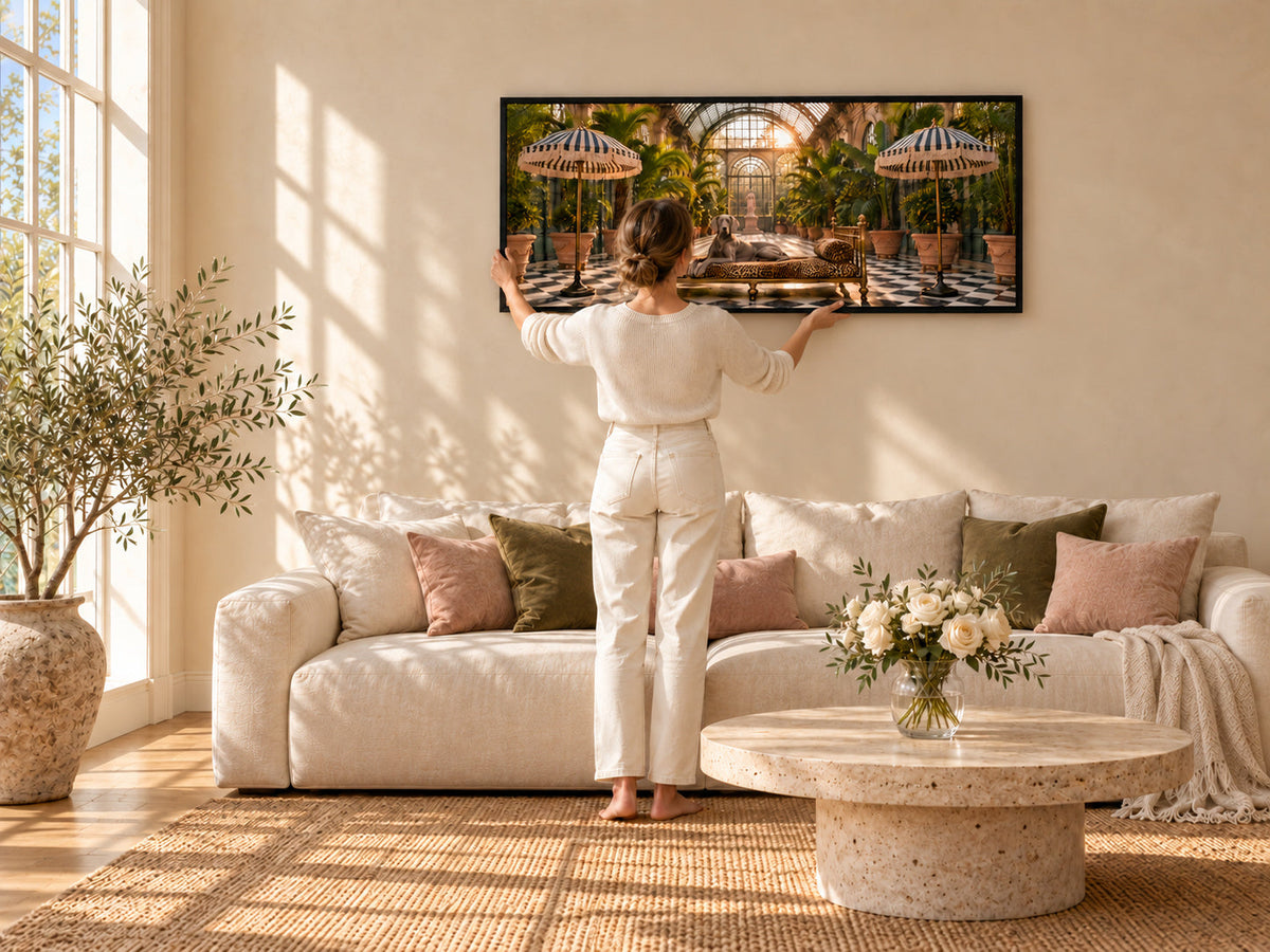 A woman seen from behind, holding a framed panoramic canvas against the wall above a sofa, working out where it should go
