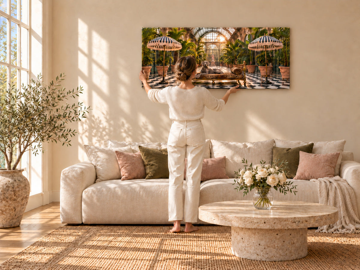 A woman seen from behind, holding a frameless panoramic canvas against the wall above a sofa, working out where it should go