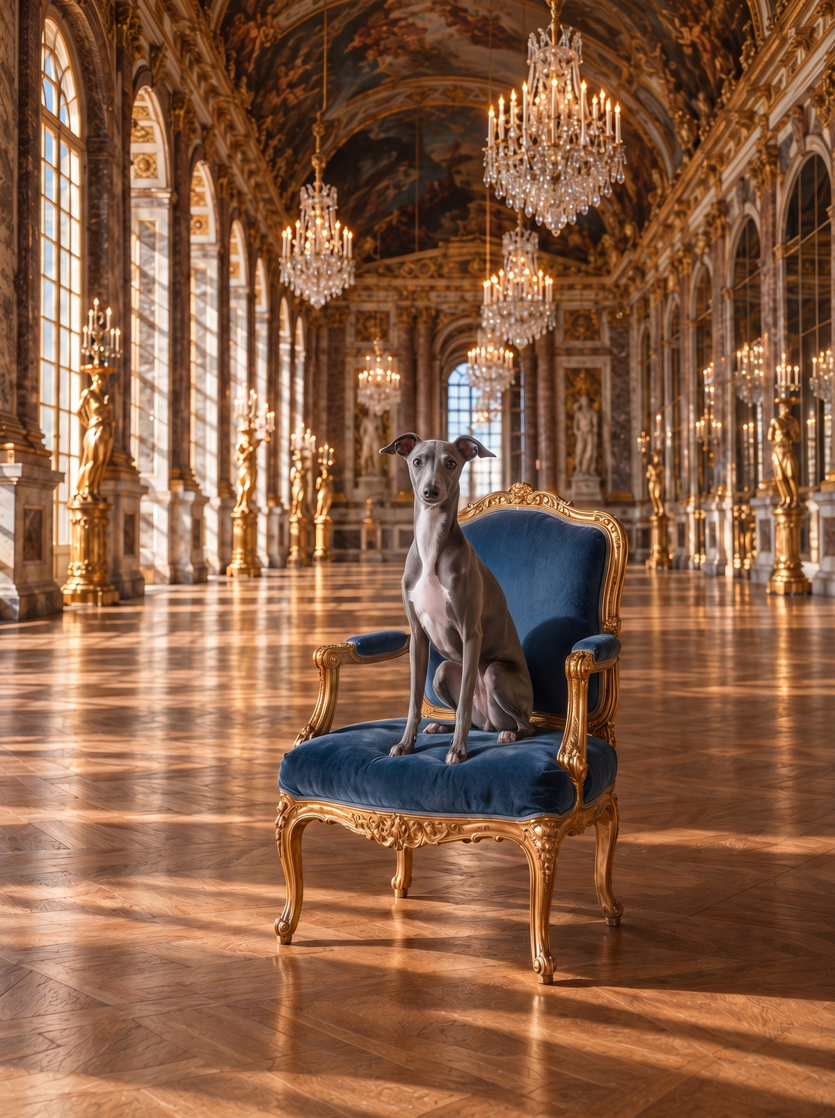 Italian Greyhound custom dog portrait in the La Galerie scene, L'Atelier by Bonne et Filou