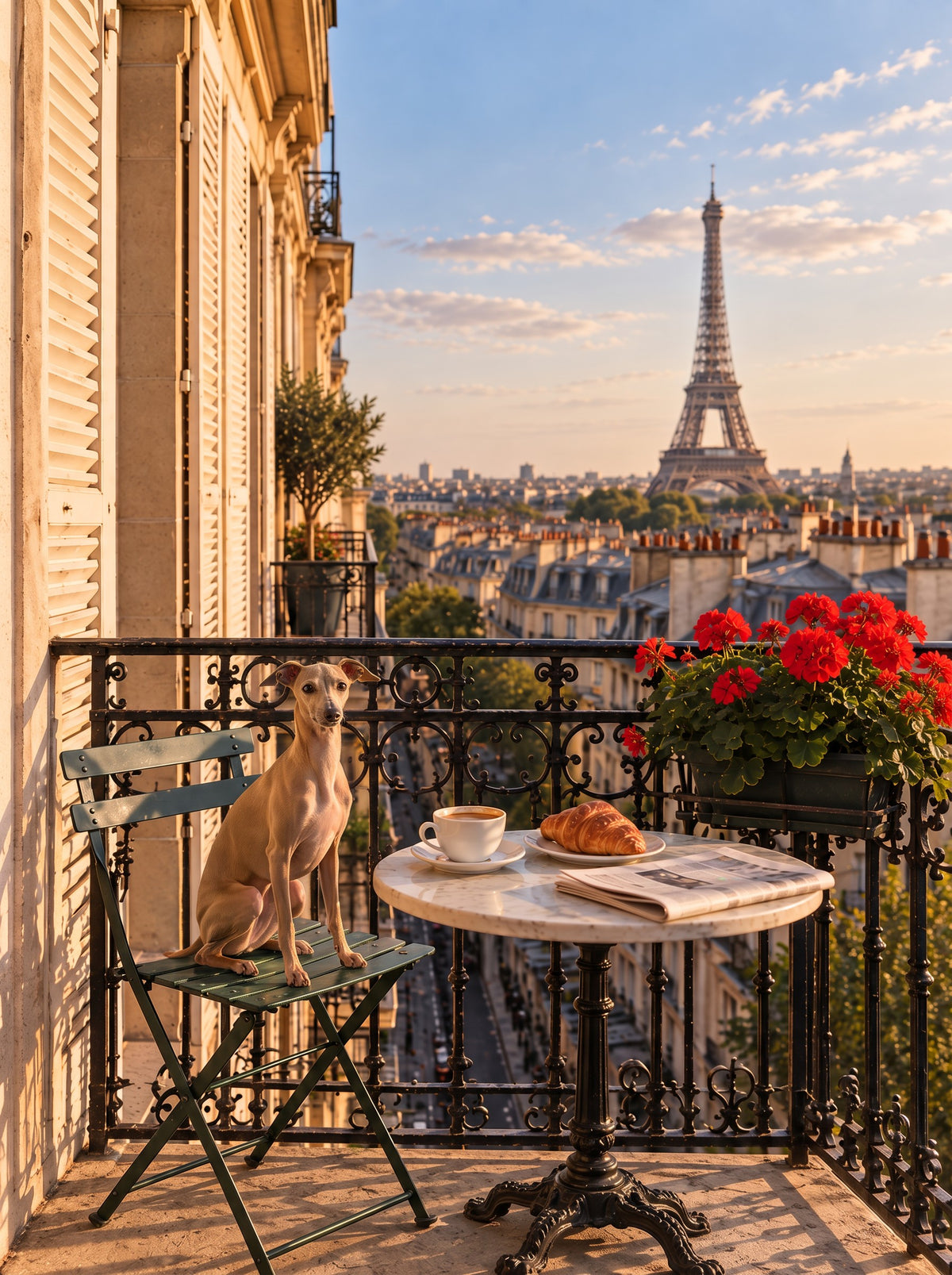 Italian Greyhound custom dog portrait in the Le Balcon scene, L'Atelier by Bonne et Filou