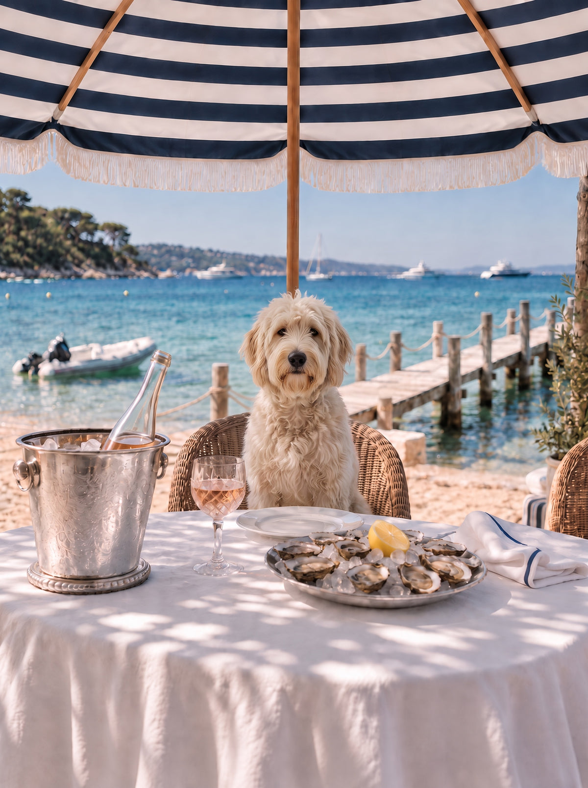 Labradoodle custom dog portrait in the Le Déjeuner scene, L'Atelier by Bonne et Filou