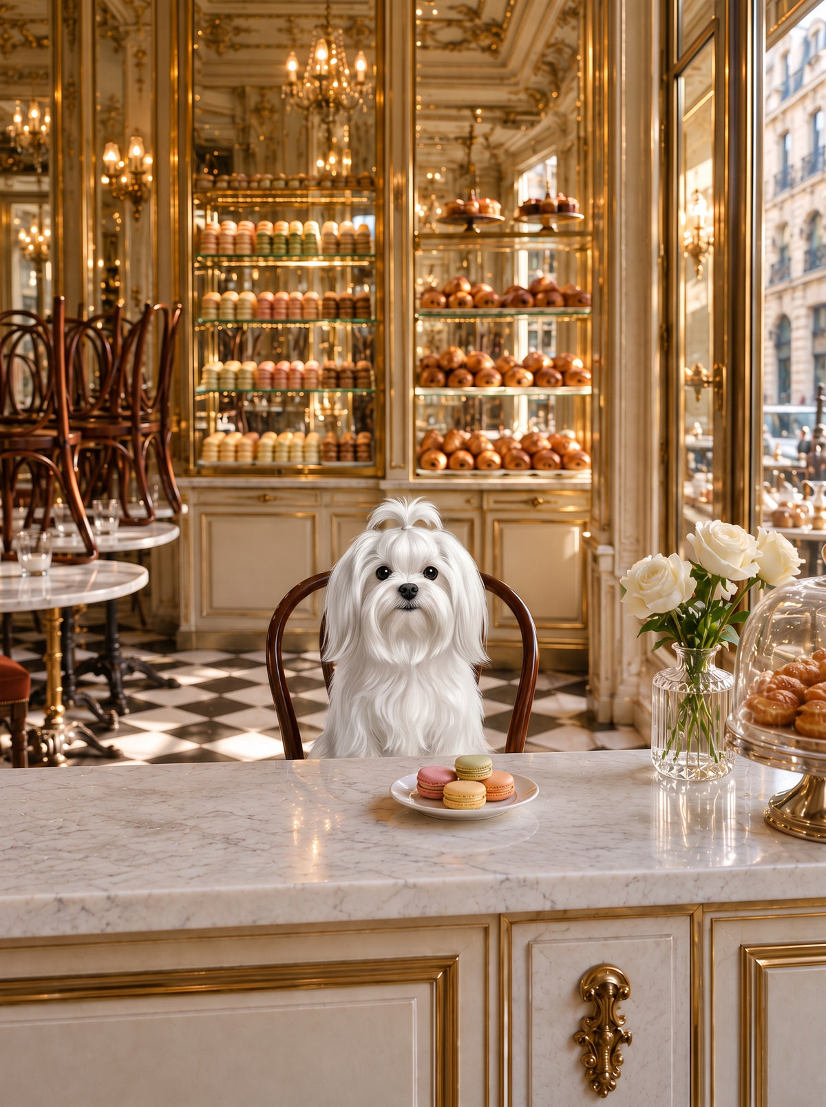 Maltese custom dog portrait in the La Pâtisserie scene, L'Atelier by Bonne et Filou