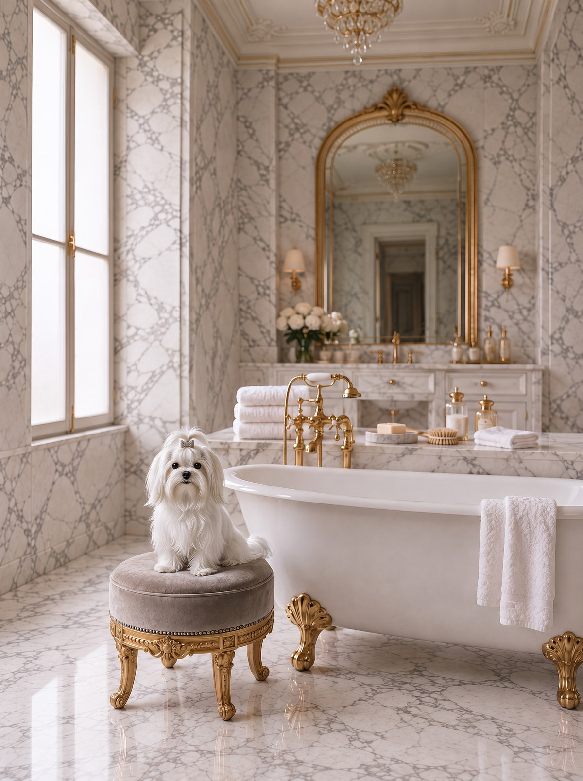 Maltese custom dog portrait in the Les Bains scene, L'Atelier by Bonne et Filou