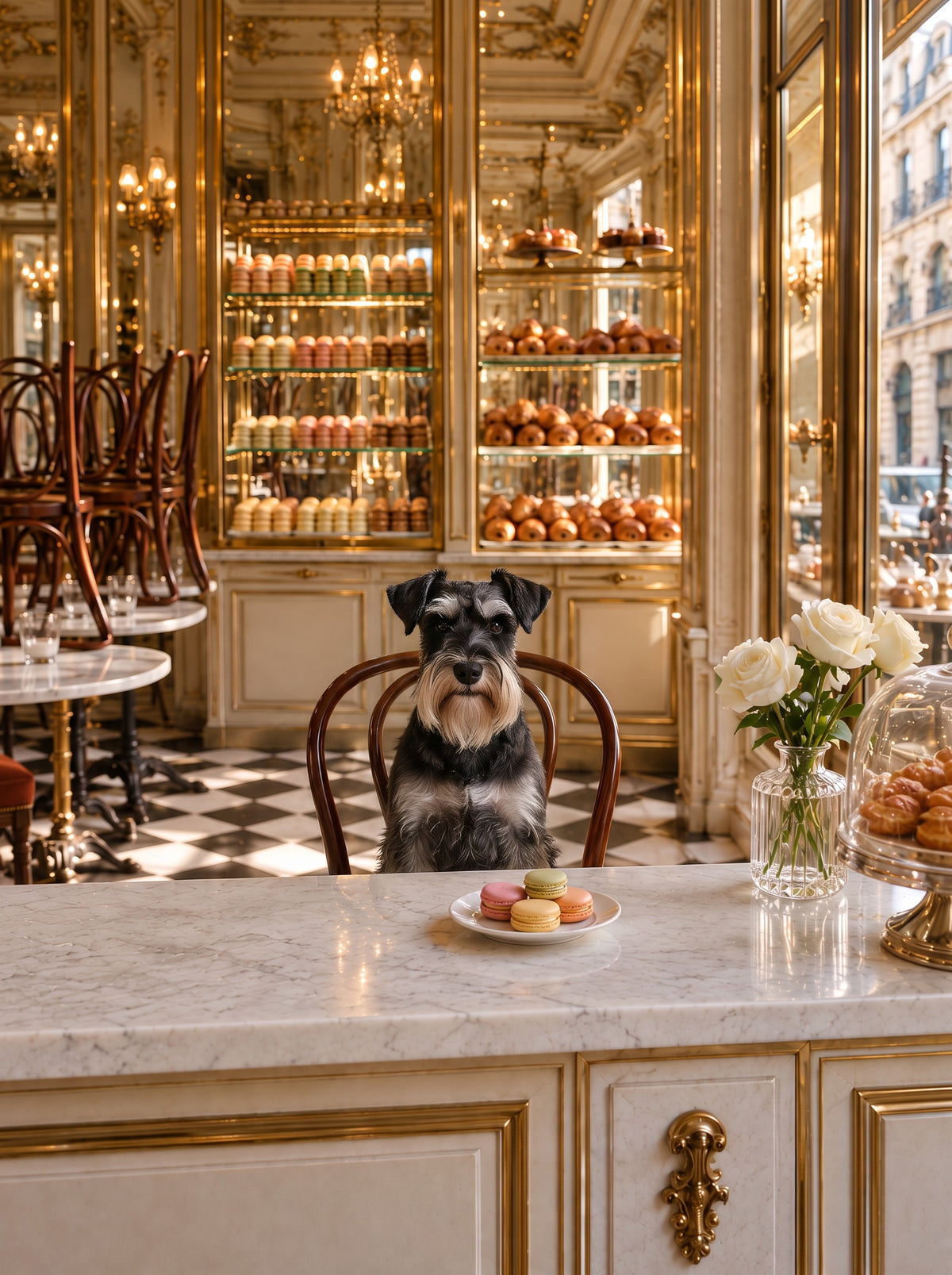 Miniature Schnauzer custom dog portrait in the La Pâtisserie scene, L'Atelier by Bonne et Filou