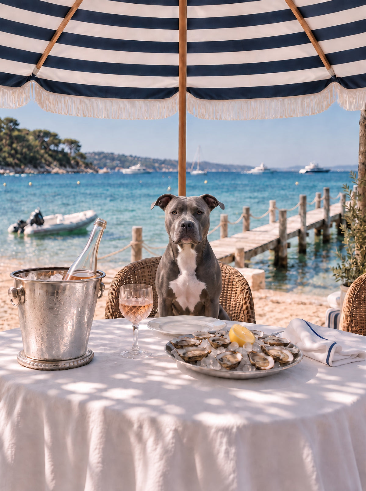 Pit Bull custom dog portrait in the Le Déjeuner scene, L'Atelier by Bonne et Filou