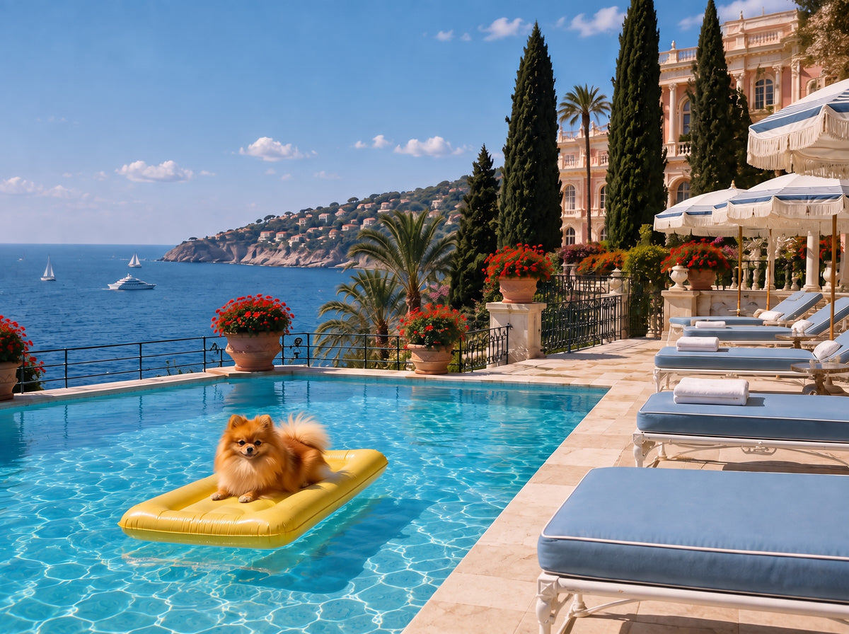 Pomeranian custom dog portrait in the Le Flotteur scene, L'Atelier by Bonne et Filou