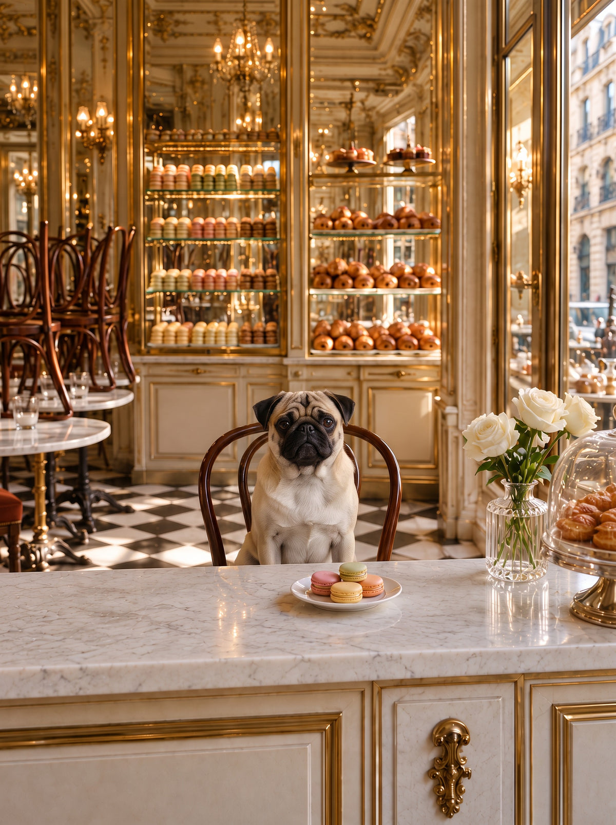 Pug custom dog portrait in the La Pâtisserie scene, L'Atelier by Bonne et Filou